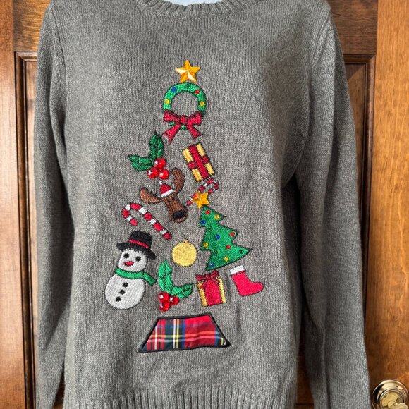 Karen Scott Gray Christmas Tree Sweater Large - Picture 2 of 12